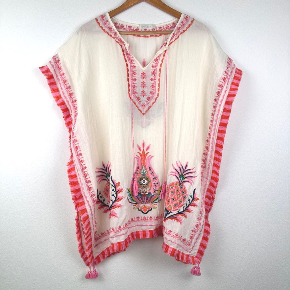 Spartina 449 Embroidered Kaftan Women OS White Pink Excellent Boho Coastal